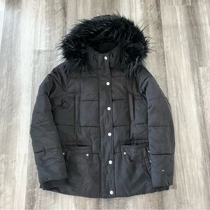 Black Puffer Jacket with Faux Fur Hood